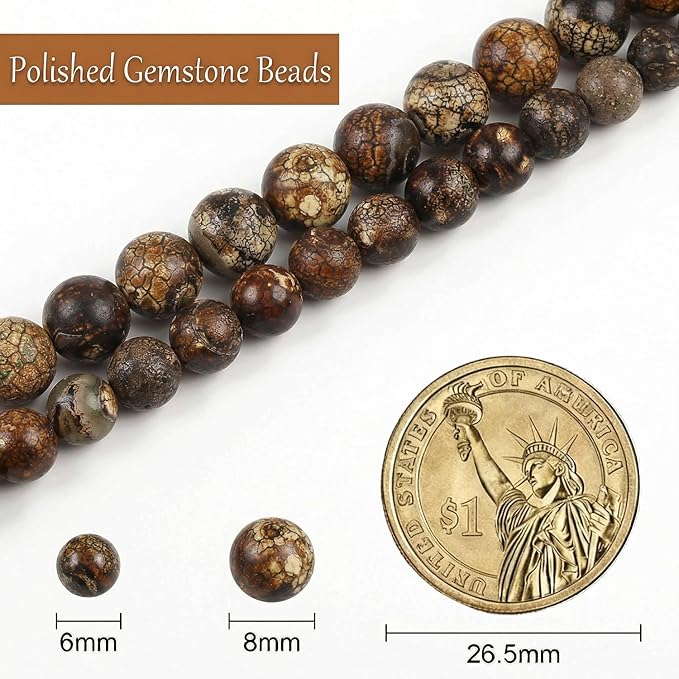Stone Beads, 60pcs Brown Dragon Vein Agate, 6mm Round Loose Beads for Jewelry Making, Bracelets, with Bag, String & Card