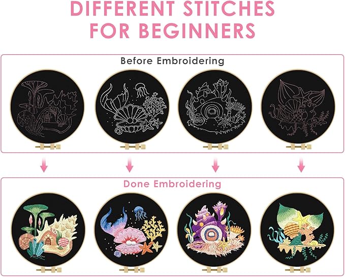 TINDTOP 4 Pack Embroidery Kit for Adult Beginners, Embroidery DIY Starter Kit, with Ocean Shell Stamped Patterns, Hoop, Tools, Colorful Threads with Needles, Instructions