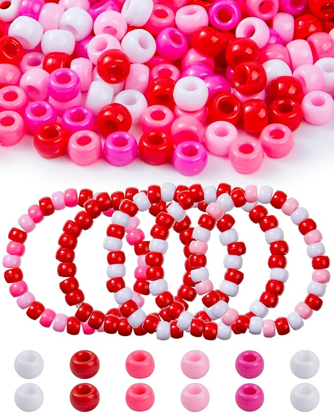 1000+ Pcs Valentines Day Pony Beads, 5 Pink-Red-White Colors, Plastic Kandi Beads for Bracelet Making, Hair Braids, Necklaces, Key Chains, Jewelry, and DIY Crafts, Party