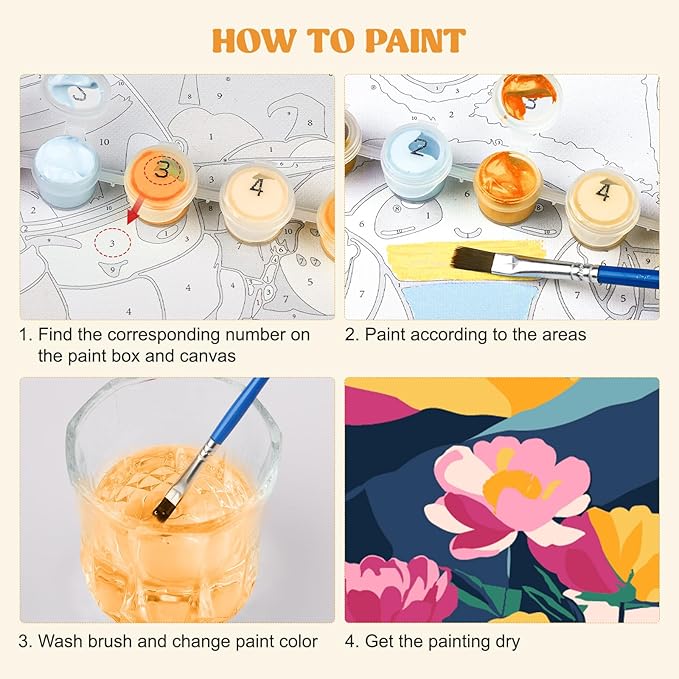 MXJSUA 4 Pack Sunset Mountains Landscape Framed Paint by Numbers Kit with Canvas for Adults Beginner, DIY Acrylic Oil Painting Kits with Brushes for Home Wall Decor Gift (8x8 inch)