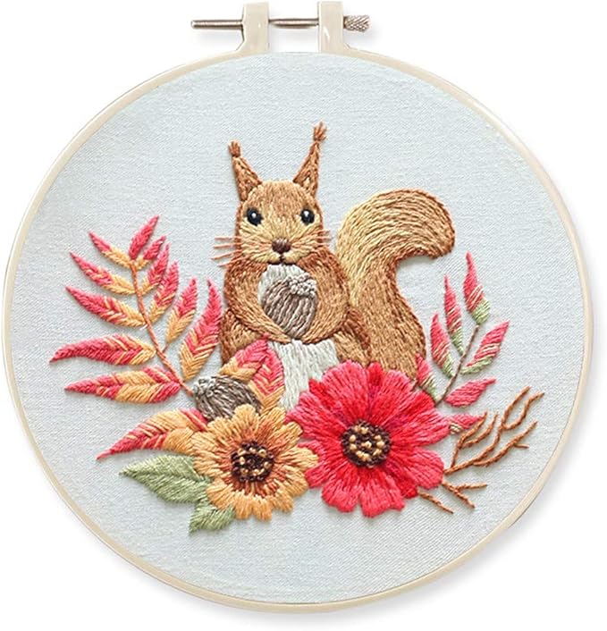 Awesocrafts Embroidery Kit, Squirrel, Animals Plants Flowers Full Range of Embroidery Starter Kits for Beginners Adults Kids DIY Handmade Easy Patterns (Squirrel)