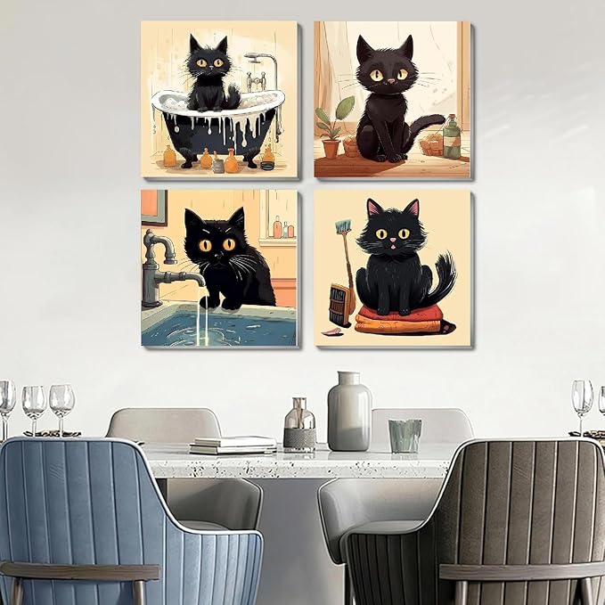 Funny Black Cat Paint by Numbers Kit for Adults Beginners, 4 Pack Cute Cat Easy Framed Adults Paint by Numbers Kits, DIY Black Cat Acrylic Oil Painting Number Kits for Home Wall Decor (8 x 8 Inch)