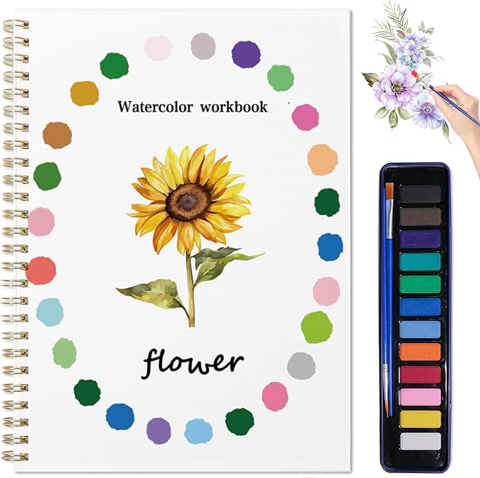 Watercolor Workbook for Adults - Watercolor Sketchbook with 12 Beginner-Friendly Sketched Illustrations, Lay-Flat Spiral Pages, 120lb Premium Watercolor Paper (Flowers)
