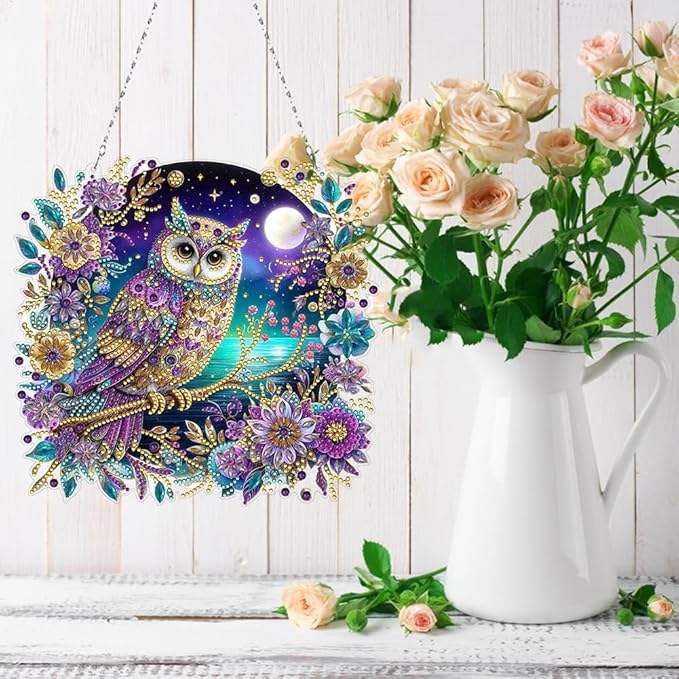 POETRYDRAW DIY Hanging Diamond Art Pendant Kit Owl, Special Crystal Diamonds Painting Ornament for Adults, 5D Diamond Art Suncatchers Double Sided Board Gem Painting Box Kit