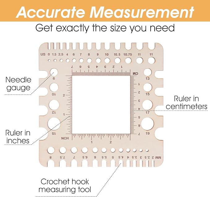 XLIUAX Wooden Rulers, Crochet Stitch Counter Spinner Yarn Measure Needle Gauge Swatch Ruler for Knitting Crochet Gauge Measuring Tool Poplar Square Measuring Tool Multi-Size Holes for Needles(B)