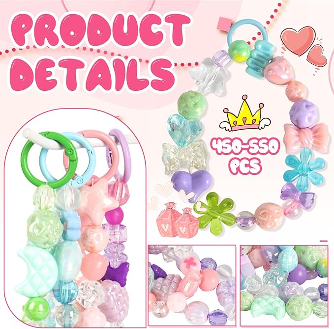 RYKOMO 450-550PCS Assorted Acrylic Beads for Bracelet Making Kit, with Bell, String, Key Rings, Clips in 4 Colors Flowers Hearts Bows Bears Candy Kawaii Cute Beads for DIY Keychain Jewelry Making