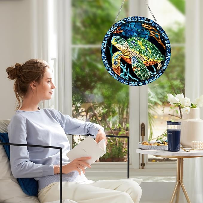 AiYuanzsh Sea Turtle Diamond Painting Hanging Pendant Kit, Special Shaped Diamond Dots Acrylic Ornament, DIY Diamond Art Pendant for Adults Home Wall Window Decoration Gift