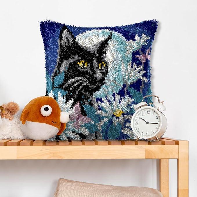 LAPATAIN Latch Hook Kits for DIY Throw Pillow Cover,Black Cat Needlework Cushion Cover Hand Craft Crochet for Great Family 17x17inch