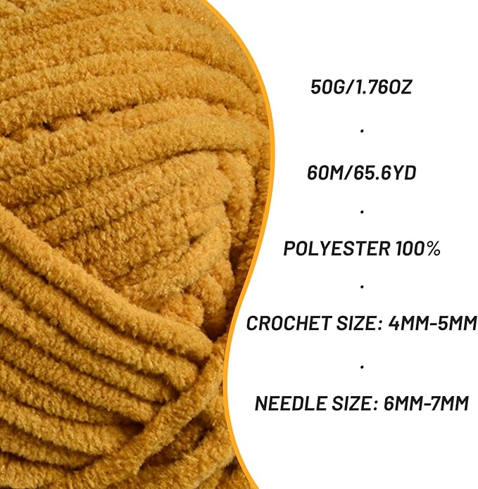 Plush Chenille Chunky Crochet Yarn - Baby Yarn for Crocheting Soft - Velvet Yarns Knitting for Blankets Crafts - Fluffy Amigurumi Yarns 50g / 65.6yd (Turmeric)