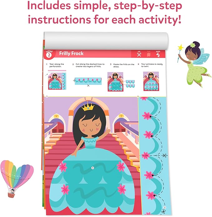 skillmatics scissor skills activity book - snip snip unicorns & princesses, 25 fun cutting & creative activities, 2 child-safe scissors, felt craft kit, valentine’s day gift for ages 3, 4, 5, 6, 7
