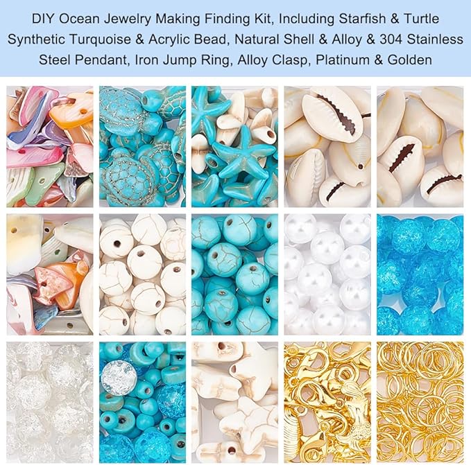 PandaHall 357pcs Starfish Shell Beads Ocean Jewelry Making Kit - 20g Synthetic Turquoise Seashells, Turtle & Mermaid Charms, Cowrie Shell Beads for Summer Beach Necklace, Bracelet & Anklet