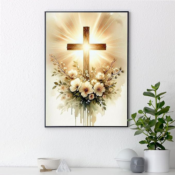 Yezavesu Religious Cross Diamond Art Kits for Adults, Jesus Christ Cross 5D Diamond Painting Kit for Beginners, DIY Round Full Drill Painting with Gem Art Craft Kits for Home Wall Decor 12x 16 Inch