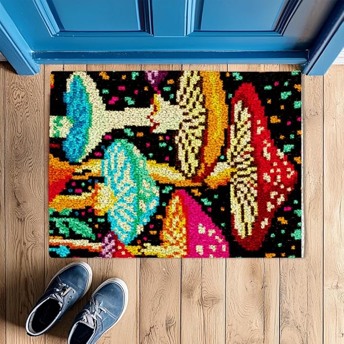 ORIGACH Mushroom Latch Hook Rug Kits, Color Stamped Grid Cloth Handmade Rug, Pattern Printed Carpet Kit, DIY Crochet Rug for Adults Home Decoration Festival Gifts 52 x 38 cm