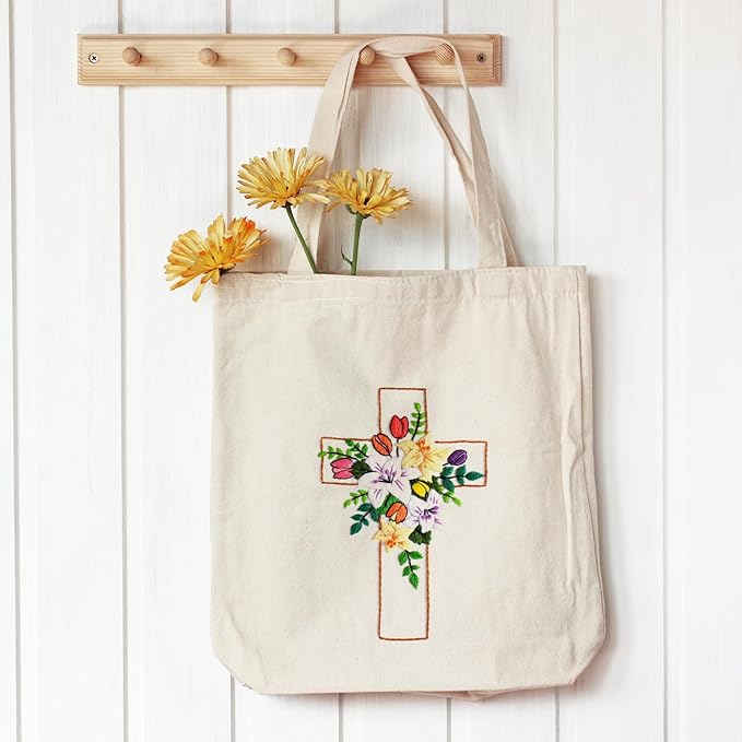 louise maelys cross lily embroidery kit canvas tote bag for beginners,cross stitch kits for adults,diy crafts needlepoint include easter jesus pattern,women shopping reusable grocery bags