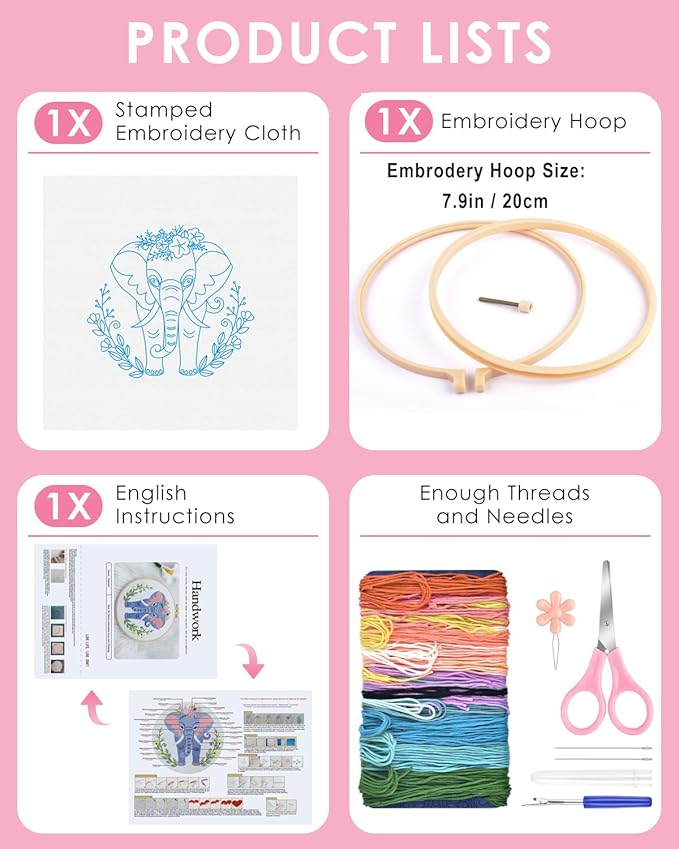 TINDTOP Embroidery Kit for Beginners Adult, Elephant Embroidery Kit for Beginners Include Embroidery Cloth Hoops Threads for Craft Lover Hand Stitch with Embroidery Skill Techniques