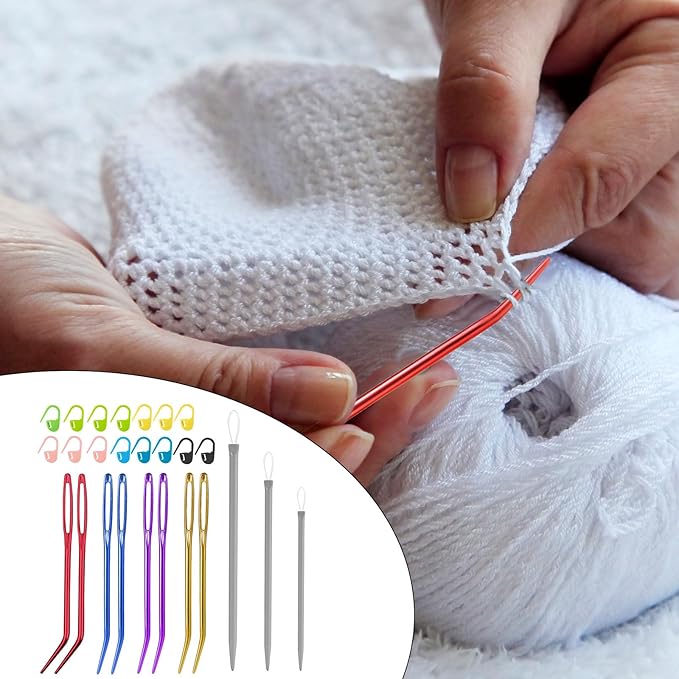 26 Pcs Large Eye Sewing Needles Kit, Yarn Darning Tapestry Needle Set Big Eye Sewing Needles Bent Curved Tip Crochet Needles Stitch Markers Accessories for Weaving Quilting Beading Project Supplies
