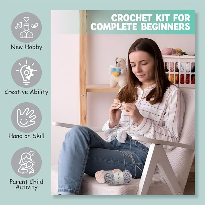Hat Beanie Crochet Kit, Crochet Kit for Beginners, Step-by-Step Video Tutorials and Detailed Instruction, Complete DIY Learn to Crochet, Crochet Starter Kit with Yarn Hook All Accessories, Cat Ear Hat