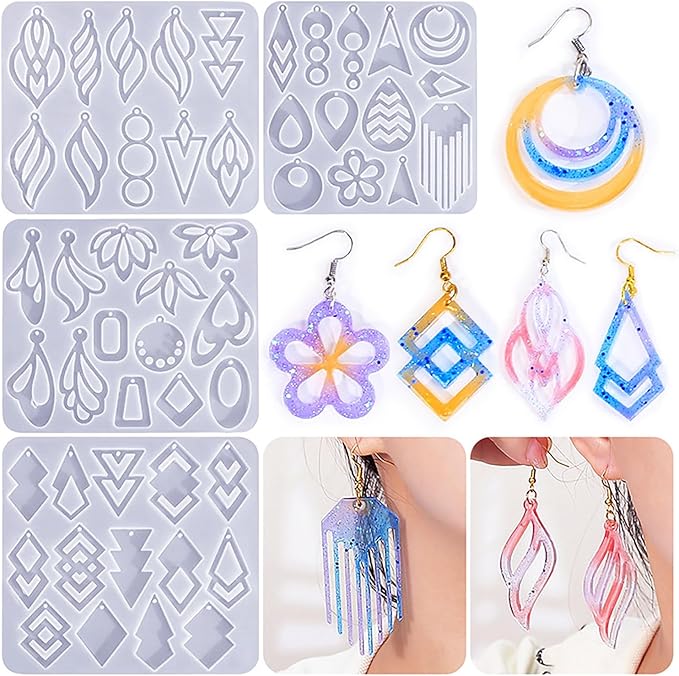 104Pcs Geometric Resin Earring Molds Kit, Irregular Shaped Earrings Silicone Mold for Epoxy Resin Dangle Drop Jewelry Molds Making Kit with 100 Earring Hook for Earrings Necklace Pendants (clear)