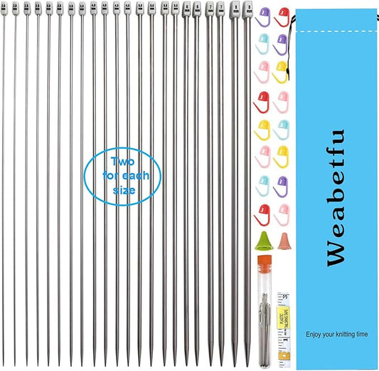 Weabetfu 55pcs Metal Knitting Needle Set,Aluminum Straight Single Pointed Stainless Steel Knitting Needles,11 Size 2mm-8mm,10inch Length for Handmade DIY Knitting with Accessories