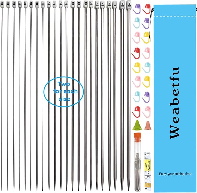 Weabetfu 55pcs Metal Knitting Needle Set,Aluminum Straight Single Pointed Stainless Steel Knitting Needles,11 Size 2mm-8mm,13.8inch Length for Handmade DIY Knitting with Accessories