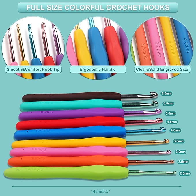 aeelike crochet kit for beginners adults, full crochet starter set with yarn, include 9pcs ergonomic crochet hooks 2.0-6.0 mm, 12pcs lace crochet hooks 0.6-1.9 mm, portable crochet hook set with case