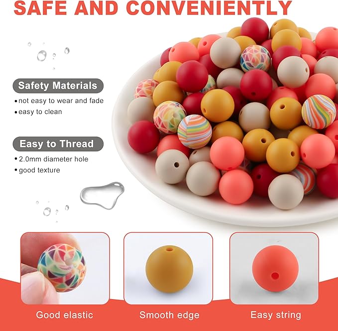 150Pcs Mixed Color 15mm Silicone Beads for Keychain Making, Orange Mustard Yellow Print Silicone Beads for Pens and Bracelet Jewelry Making