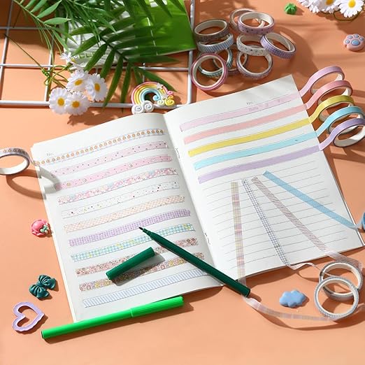 Washi Tape Set 20 Rolls Cute Vintage Washi Tape Decorative Tapes Adhesive Craft Washy Pattern Tapes for Scrapbooking Arts DIY Crafts Journal Planners Gift Wrapping Junk Journal Supplies, Cute