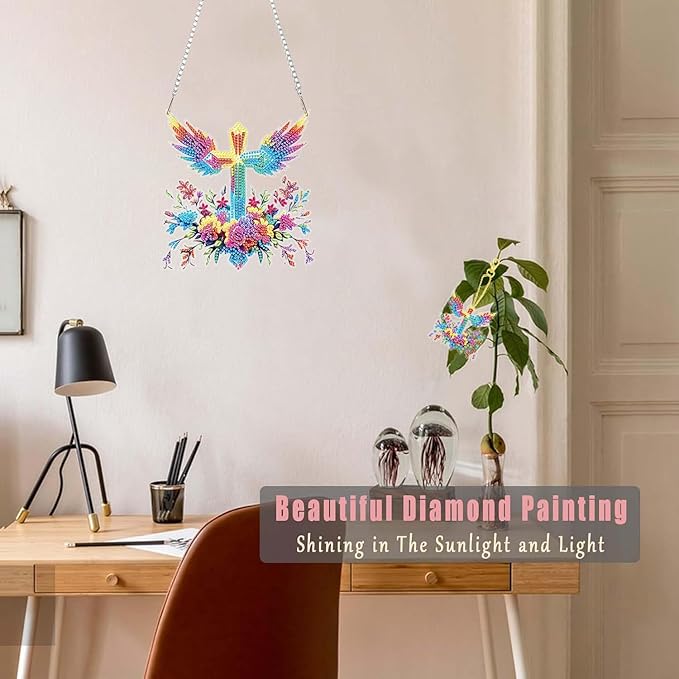 Masendp Easter Diamond Painting Hanging Decoration Kit, DIY Cross Special-Shaped Rhinestone Window Hanging Kit, Suitable for Home and Garden Wall Decoration Gifts