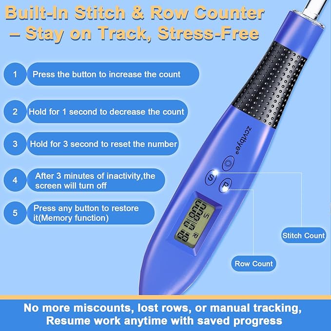 22 Size Crochet Hook Set with Light & Digital Counter, Ergonomic for Arthritic Hands, 2.0–14.0 mm Interchangeable Hooks, Rechargeable and Beginner-Friendly