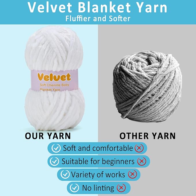 Velvet Yarn Chenille Yarn for Crocheting and Knitting Soft Chenille Bulky Baby Blanket Yarn DIY Weaving Craft 2pack White(4oz 66yds Each)