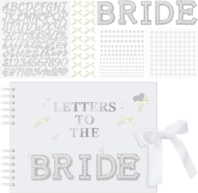 Fuyoooo 11.5 x 8.5 Inch Letters to The Bride Scrapbook Wedding Memory Book Bridal DIY Blank Paper Scrapbook Photo Album Guest Book Sign with Pearl Stickers, Metallic Letters, Bows (White)