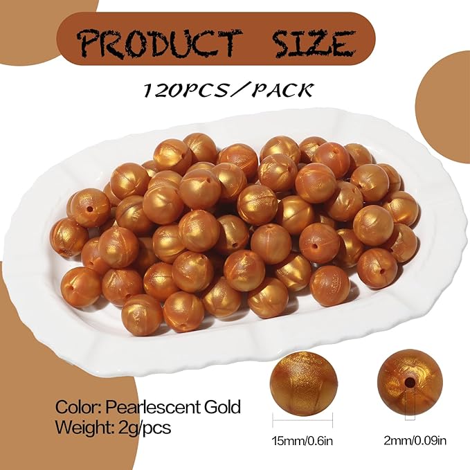 120pcs Richbunnys 15mm Bulk Silicone Beads for Pens and Keychain Making,Large Bead for Necklace and Bracelets Making,Assorted Rubber Beads Set（Pearlescent Gold）