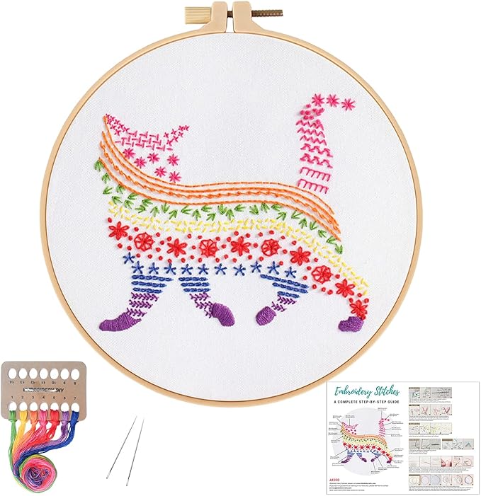 Louise Maelys Embroidery Kits for Beginners Adults,Cat Stamped Pattern Practice for Starters,Cross Stitch Kit Including Hoop,Cloth,Needles, Instruction and Threads