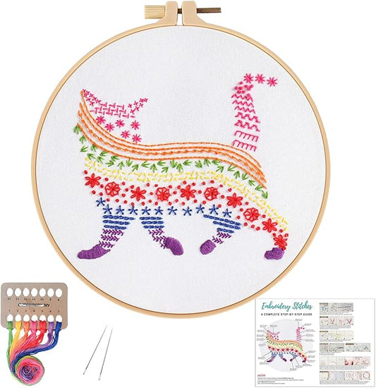 Louise Maelys Embroidery Kits for Beginners Adults,Cat Stamped Pattern Practice for Starters,Cross Stitch Kit Including Hoop,Cloth,Needles, Instruction and Threads