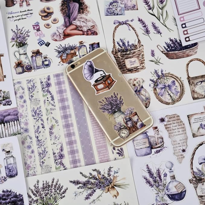 Song of Lavender Scrapbook Stickers for Women, 20 Sheets A5 Die-Cut Journaling Sticker Book for Adutls, Junk Journal Supplies, Planners, Bujo, Assorted PET Washi Paper Materials