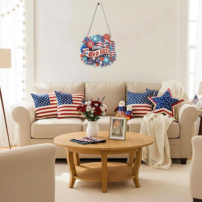 CEOVR Independence Day Hanging Diamond Art for Adults, 4th of July American Flag Diamond Painting Pendant DIY Gem Art Wall Hanging Ornament, Acrylic Home Garden Decor with Chain, Box Kit 7.79×7.3inch