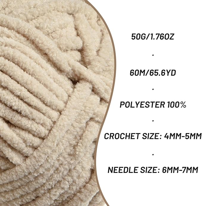 3 Packs Plush Chenille Chunky Crochet Yarn - Baby Yarn for Crocheting Soft - Velvet Yarns Knitting for Blankets Crafts - Fluffy Amigurumi Yarns 150g / 196.8yds (3 Light Khaki)