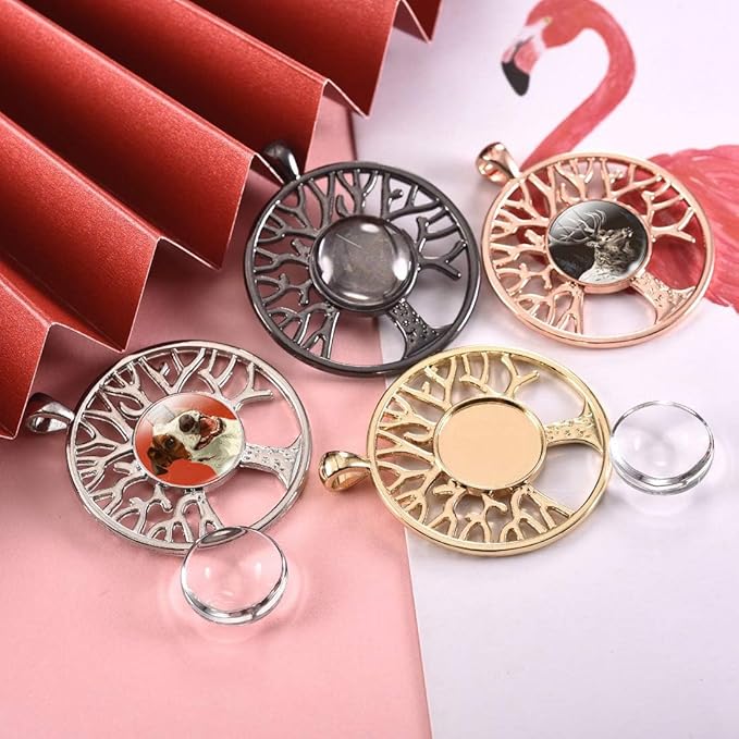 LANBEIDE 60Pieces Cabochons Crafting Kits-20Pcs Tree of Life Bezel Pendant Blank Trays with 20Pcs Glass Dome and 20Pcs Black Necklace Cords with Clasps for DIY Jewelry Making
