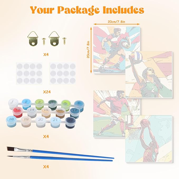 Lxmsja 4 Pack International Unified Sports Paint by Numbers Kit for Adults, Easy Framed Paint by Numbers for Adults Beginner, DIY Acrylic Oil Painting Craft Kits for Home Wall Decor 8x8 inch