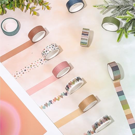 12 Rolls Boho Washi Tape Heart Hand Polka Dots Decorative Masking Tape Boho Colors Gift Wrapping Paper Tape for Scrapbook Journal DIY Art Crafts