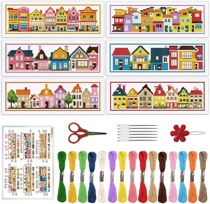 ORIGACH 6 Set Small Houses Cross Stitch Bookmark Kits for Beginner, Little Town Stamped Cross Stitch Kits with Instructions for Adults Bookmarks Lovers