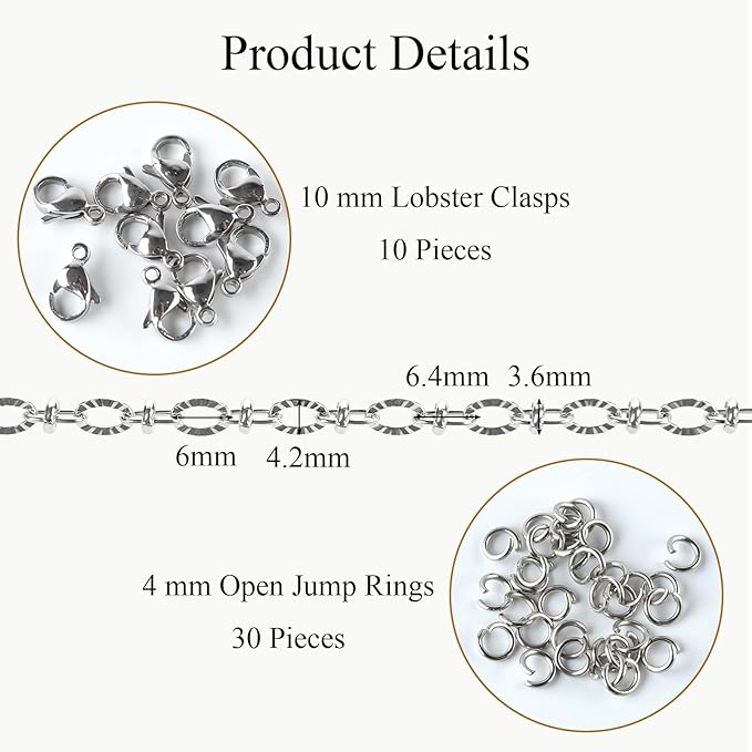 Jabogrii 4 Meters Silver Stainless Steel Jewelry Making Chains Roll Embossed Oval Cable Chain Bulk for Jewelry Making with Lobster Clasps and Open Jump Rings