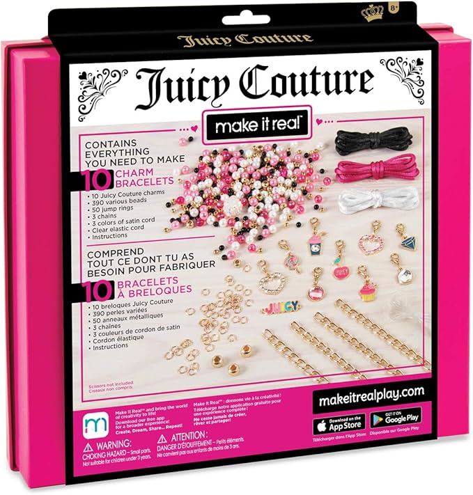 Make It Real - Juicy Couture Pink and Precious Bracelets - DIY Charm Bracelet Kit with Beads for Tween Jewelry Making - Jewelry Making Kit for Girls