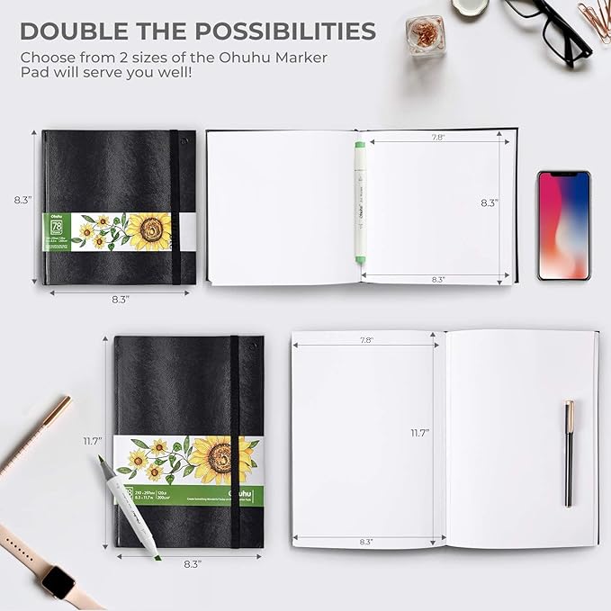 Ohuhu Sketchbook Marker Paper Pad: 2 Pack 8.3"x8.3"&8.3"x11.7" Art Sketch Book Drawing Papers Each Size Holds 78 Sheets/156 Pages 120 lb/200 gsm Hardcover Sketching Books Christmas Gift