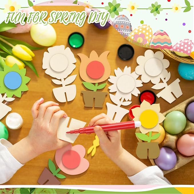MotiMind 60 Pcs Spring Crafts Set 48 Pcs 3D Wooden Flower Cutouts Unfinished Tulip Slices Wood Daisy to Paint with 12 Colored Pens for Mother's Day Summer Floral Handmade Craft DIY Project