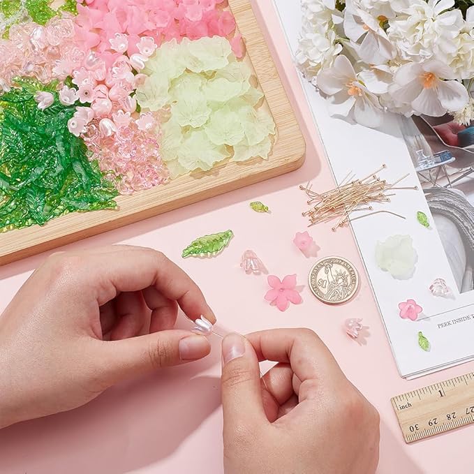 NBEADS 417 Pcs Acrylic Assorted Beads Kit, Frosted Flower Beads Caps Maple Leaf Acrylic Pendants Leaf Loose Beads Earring Making Kit with Faceted Glass Beads Brass Ball Pins for Jewelry Making