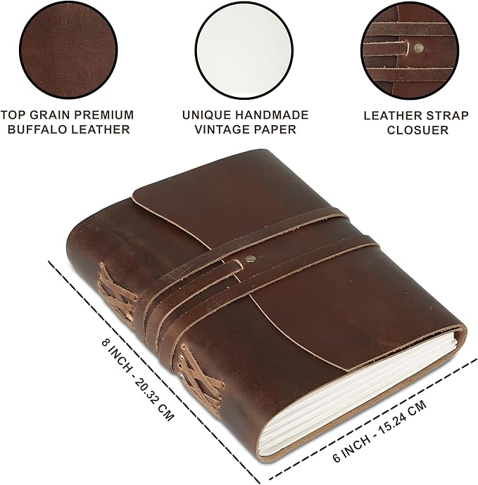 KomalC Dark Tan Leather Journal 8x6 | Handmade Vintage Notebook with Unlined Cotton Paper | Rustic Writing Diary & Sketchbook | Antique Travel Journal for Men & Women