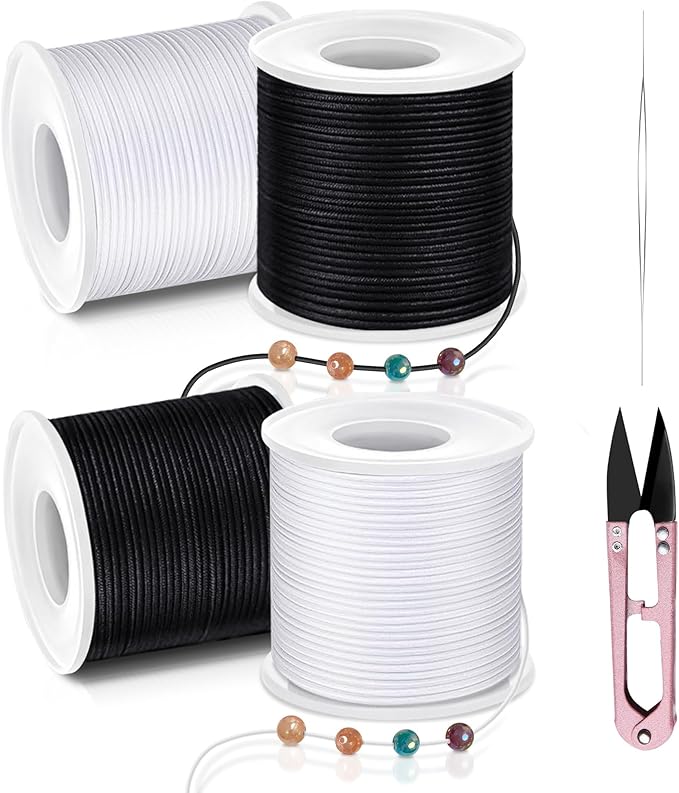 Stretchy String for Bracelets, Necklaces, Bead Stringing, Jewelry Making, Hair Braiding, and Crafts. Diameter: 1mm, Length: 660 Feet, White and Black for Adults & Students (4 Pieces)