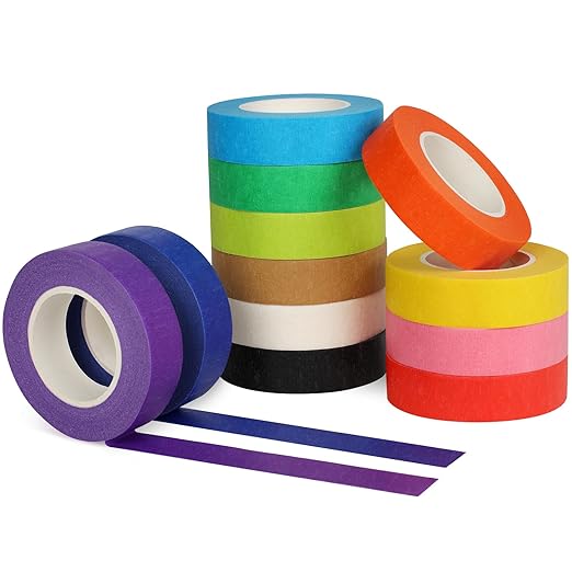 Guirnd 12PCS Colored Masking Tape, Arts & Crafts Supplies Colored Tape for Kids, Color Painters Tape Rolls 1.7cm x 18m (2/3In x 19.5Yards)