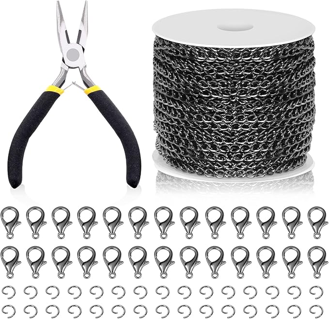 Swpeet 102Pcs Gun Black 3mm by 10 Yard Length Jewelry Making Chains Kit with Jump Rings, Lobster Clasps and Jewelry Plier, Necklace Chains Flat Cable Link Chain Bulk Ideal for DIY Craft Jewel Making